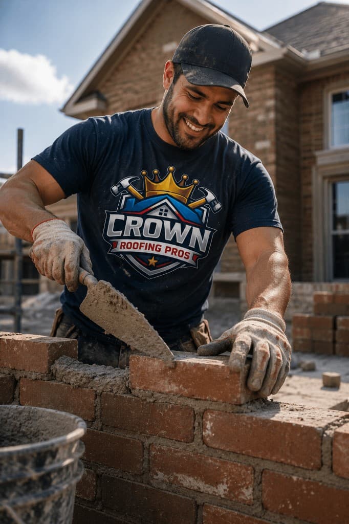Crown Roofing Pros mason laying brick with branded workwear